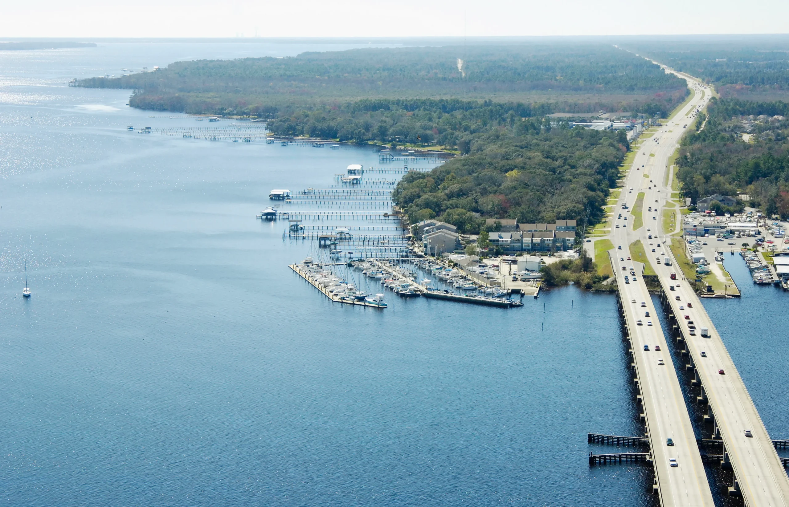 Aerial view of the Fleming Island, FL marina and bridge, a Stair Masters Moving service area
